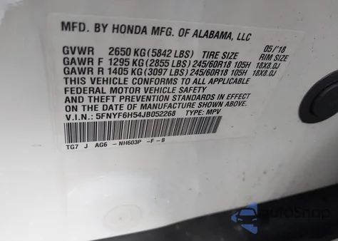 2018 Honda Pilot Exl из США, поврежденный, VIN 5FNYF6H54JB052268